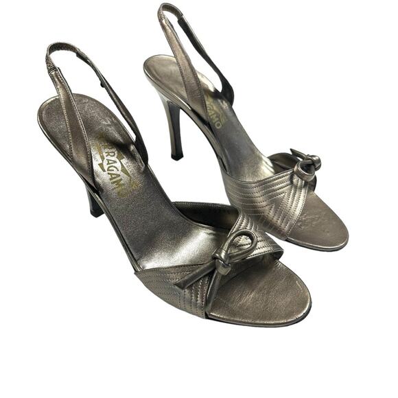 Salvatore Ferragamo Heels Womens 9 Bronze Slingback Open Toe Leather Pumps - Picture 2 of 13